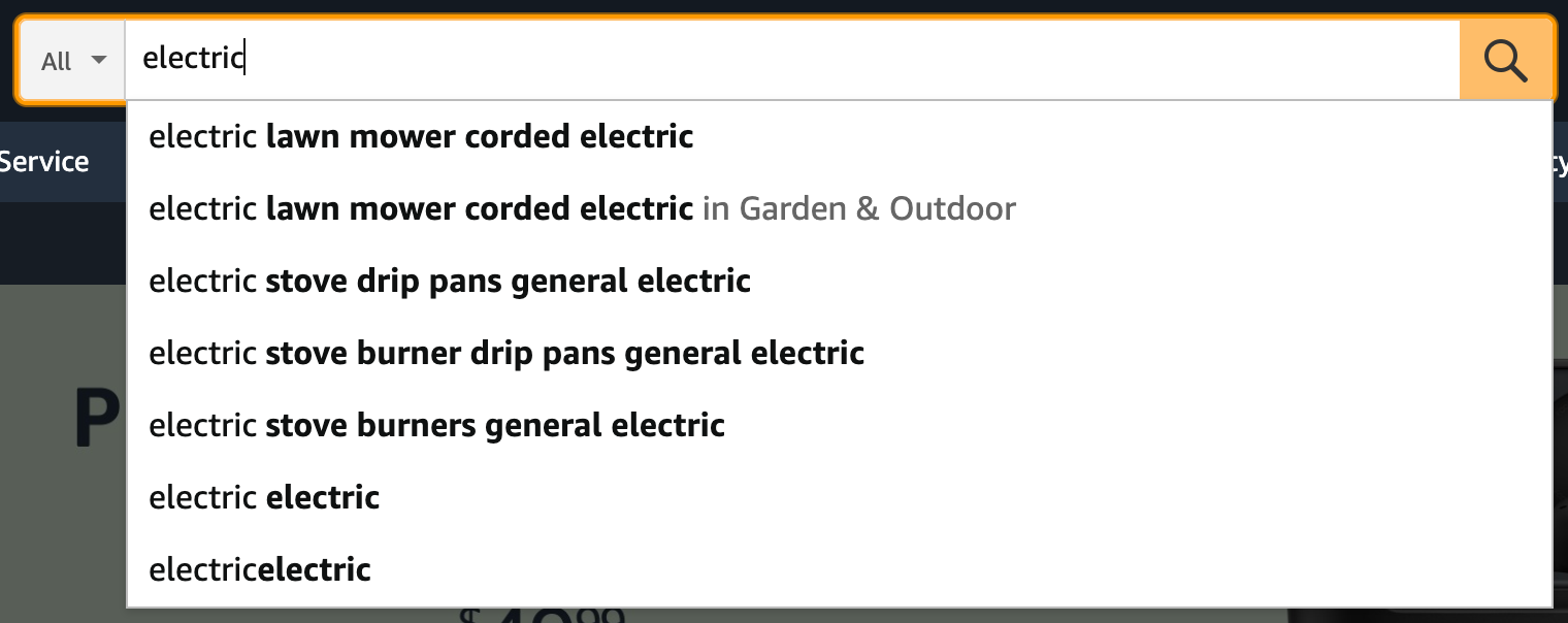 Search suggestions on Amazon