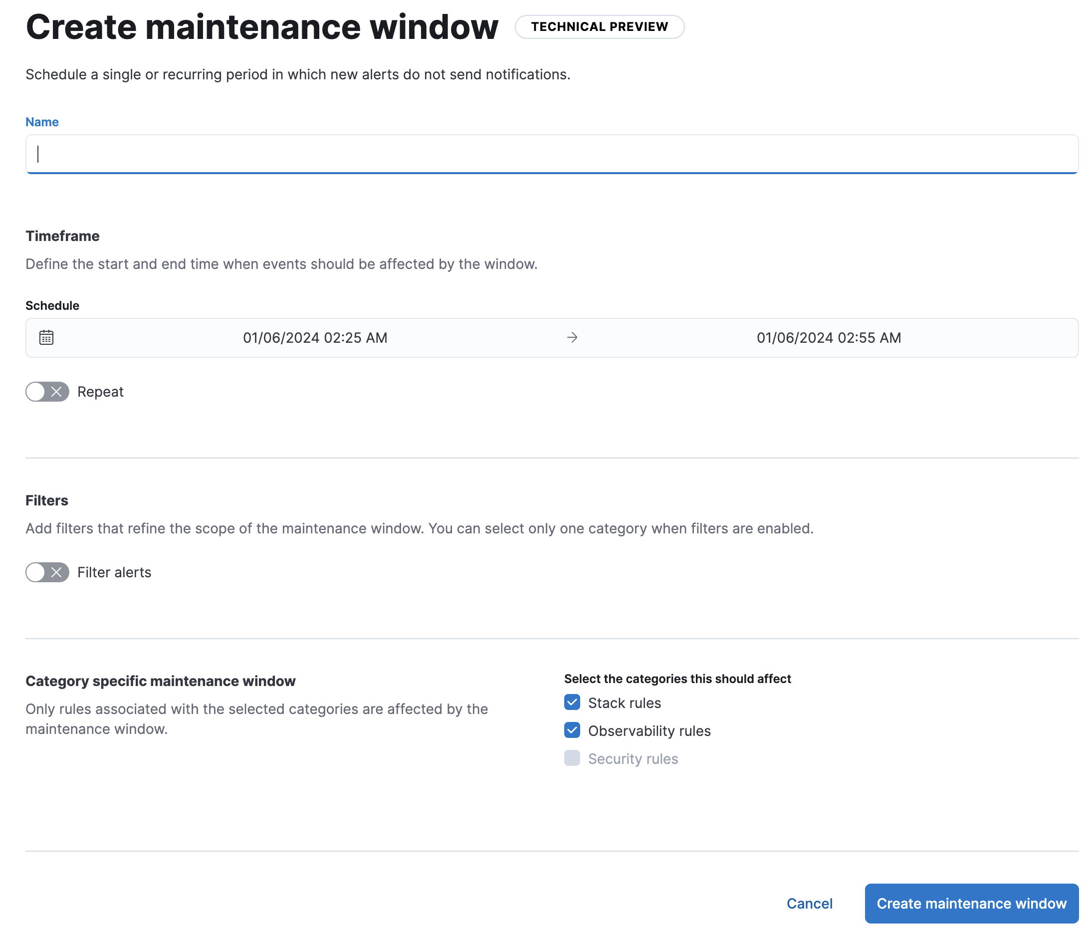 The Create Maintenance Window user interface in Kibana