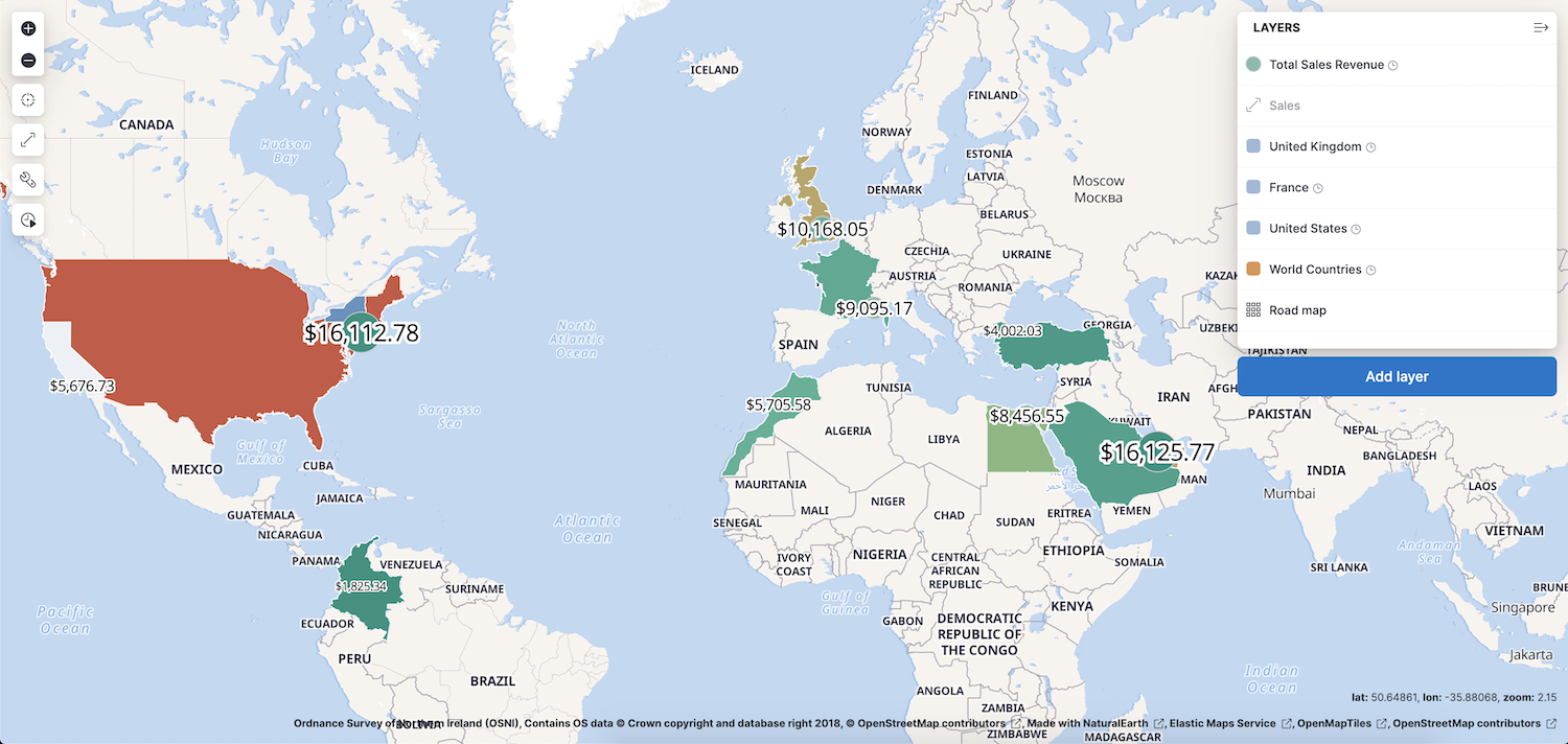 A world map with country and revenue layers