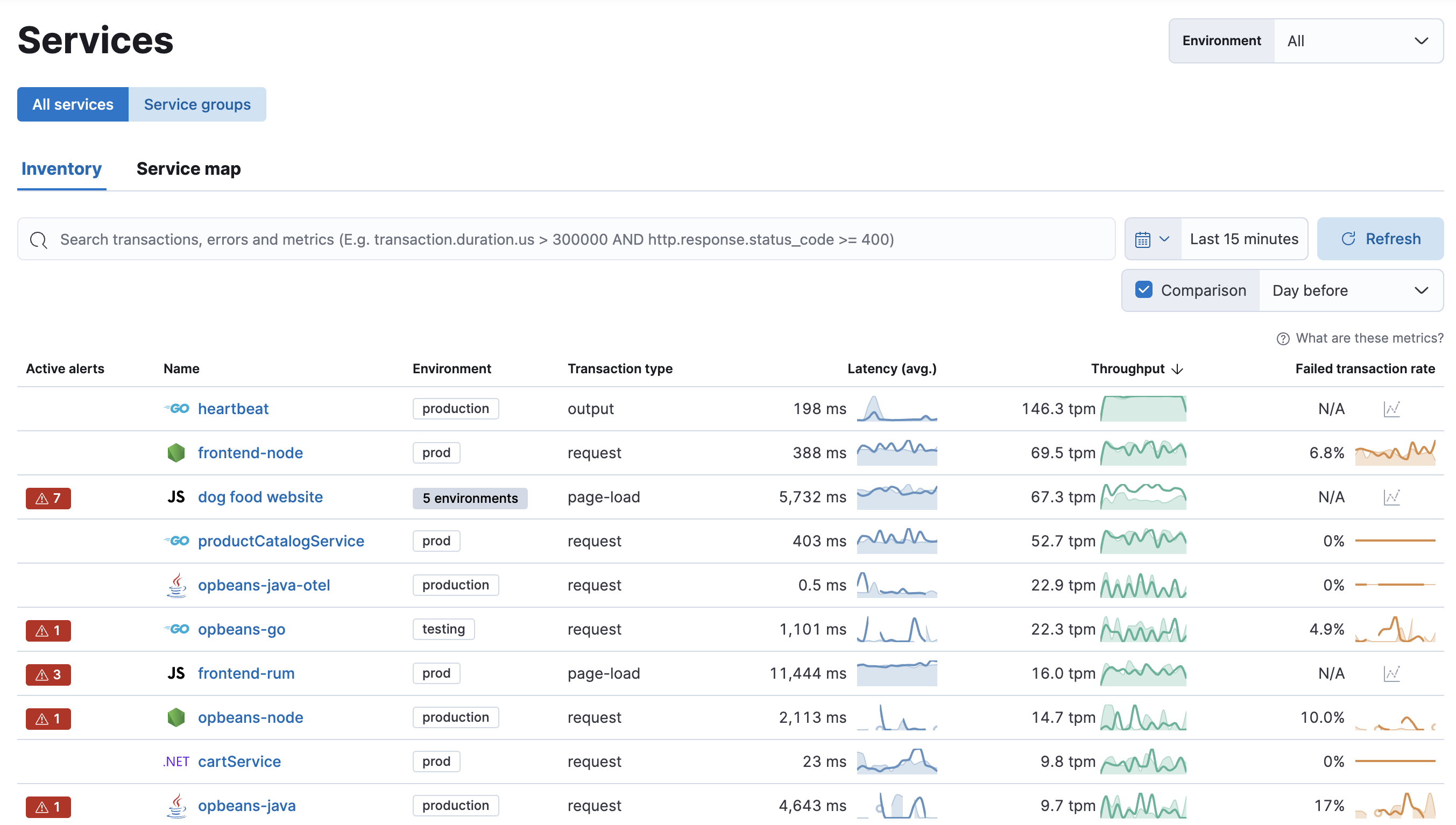 Example view of services table the Applications UI