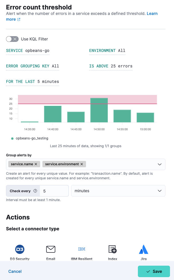 Create rule for error count threshold alert