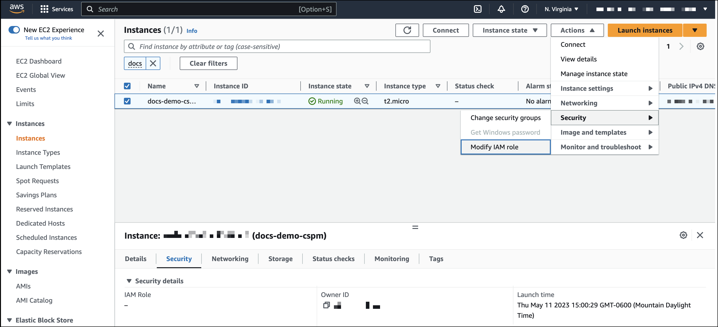 The EC2 page in AWS, showing the Modify IAM role option