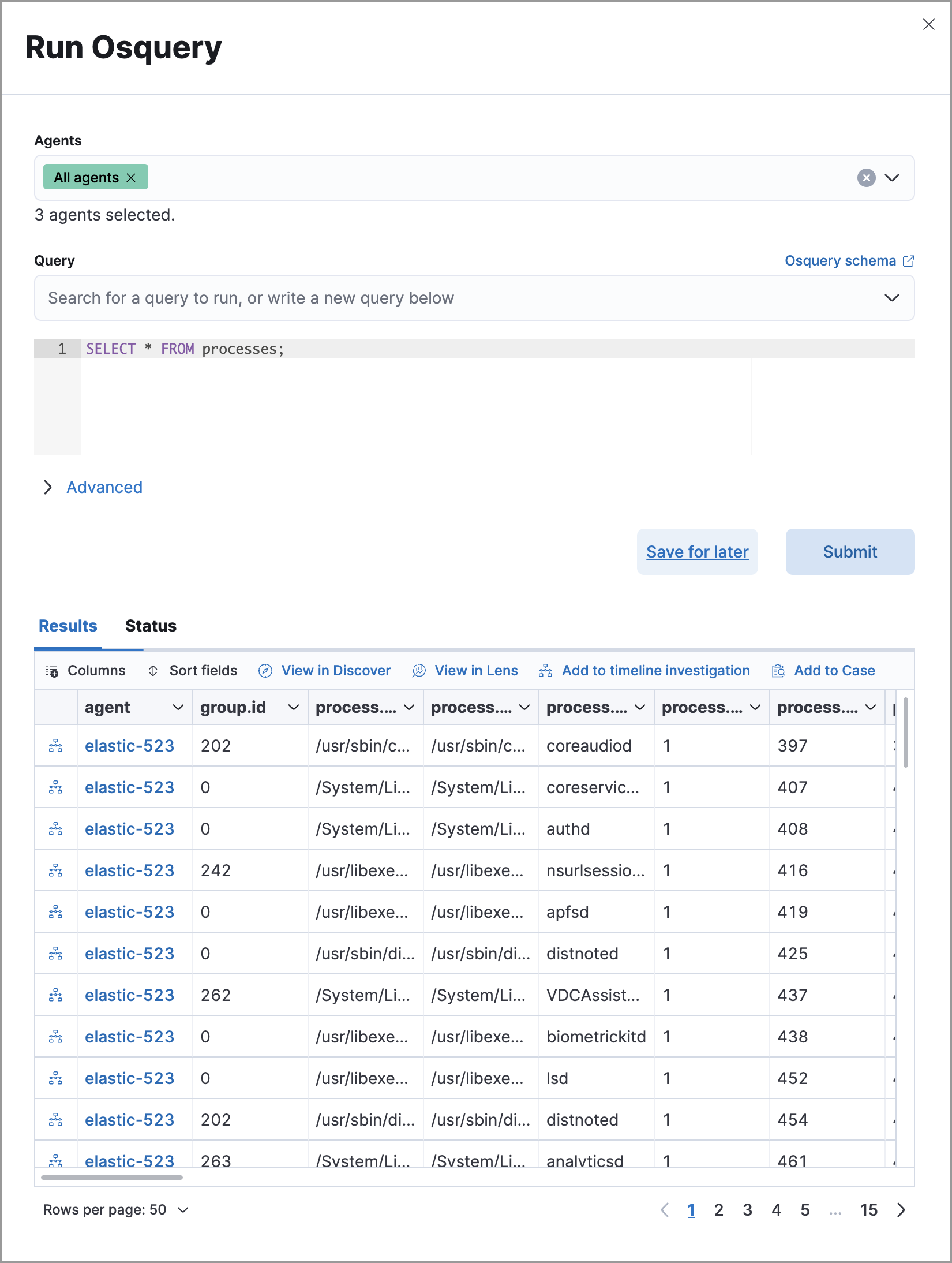 Shows results from running a query from an investigation guide