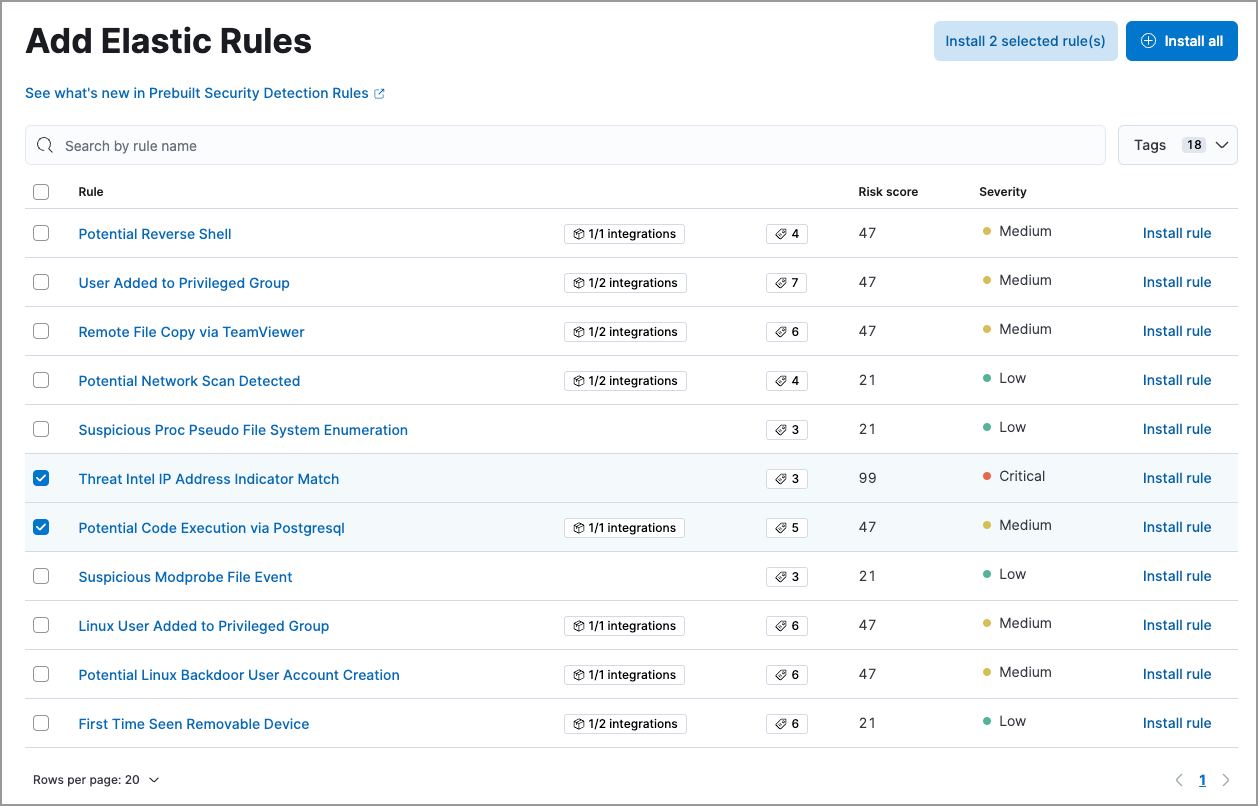 The Add Elastic Rules page