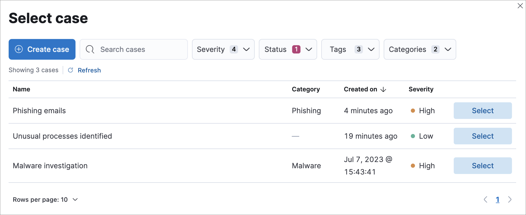 Select case dialog listing existing cases