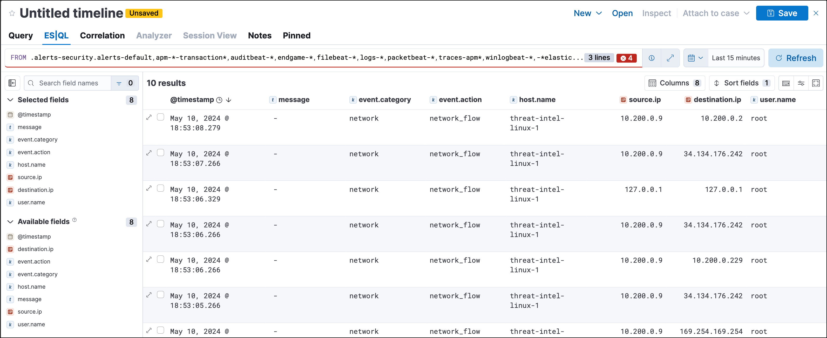 Example of the ES|QL tab in Timeline